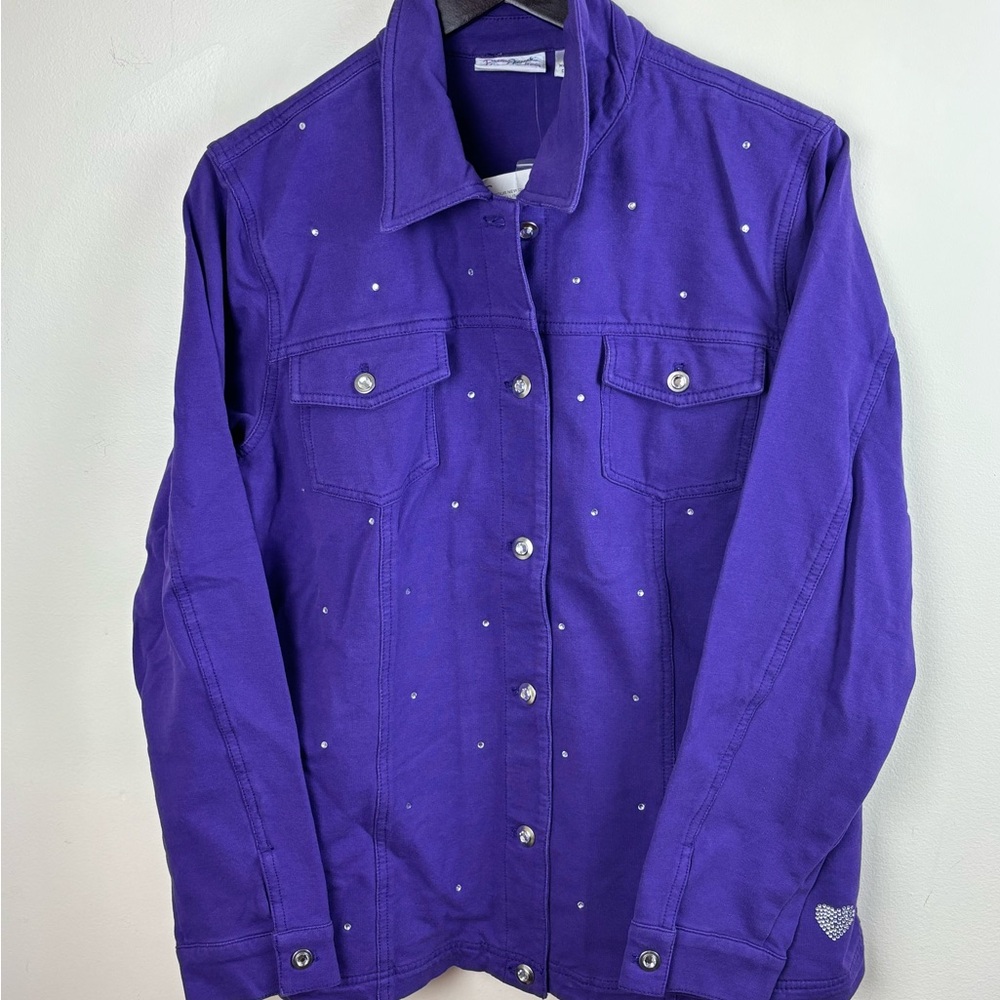NWT Quacker Factory Dream Jeannes Knit Denim Jacket Rhinestone Purple Large